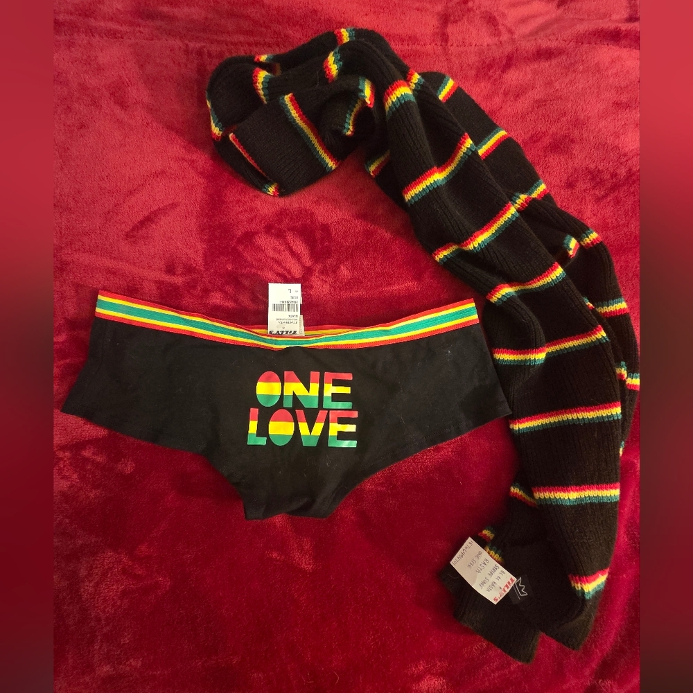 Tillys Rasta Stripe Scarf + One Love Heart Panties Set Size L NWT